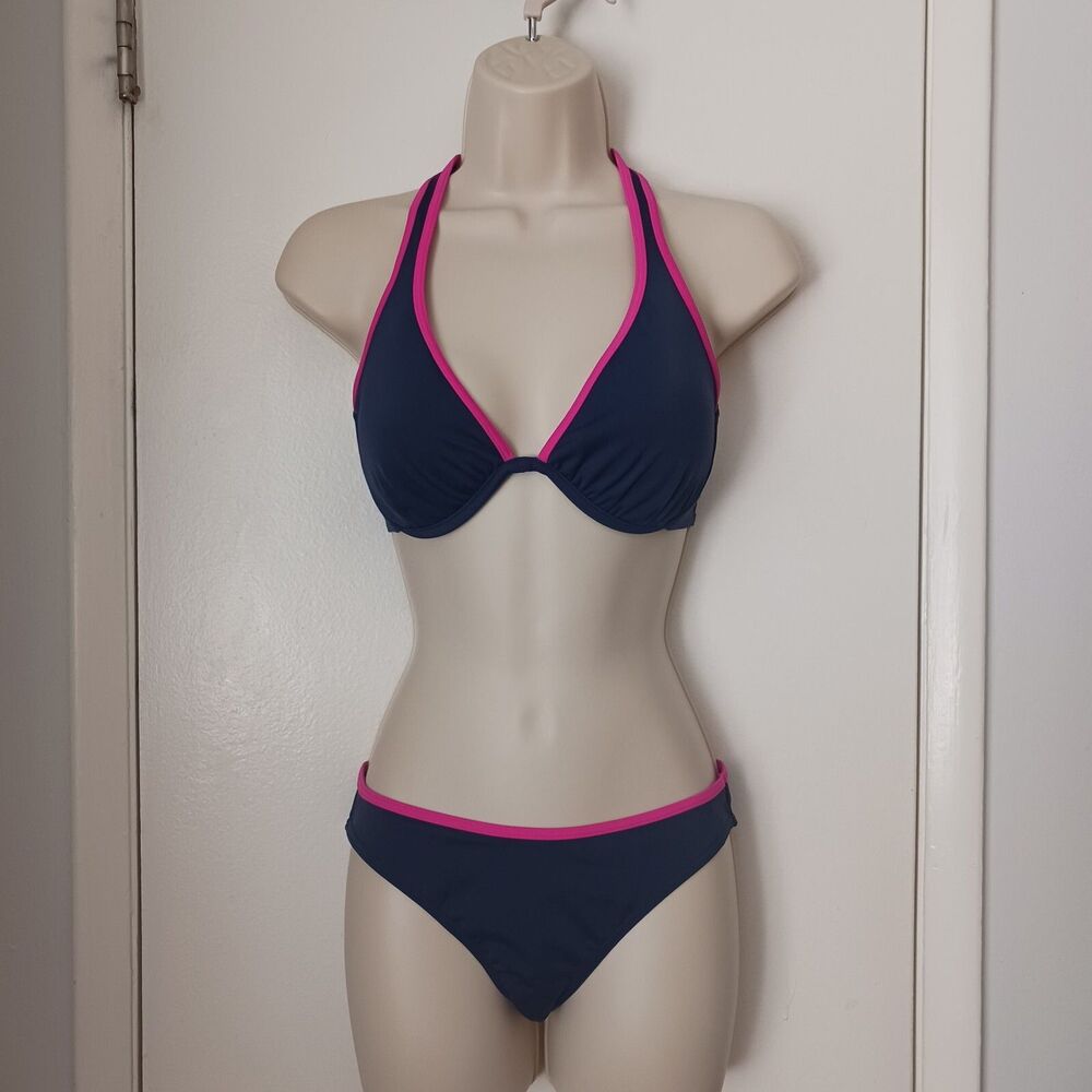 Victoria’s Secret VTG Bikini Set 34D Halter Top XS Bottom Navy Pink NWOT
